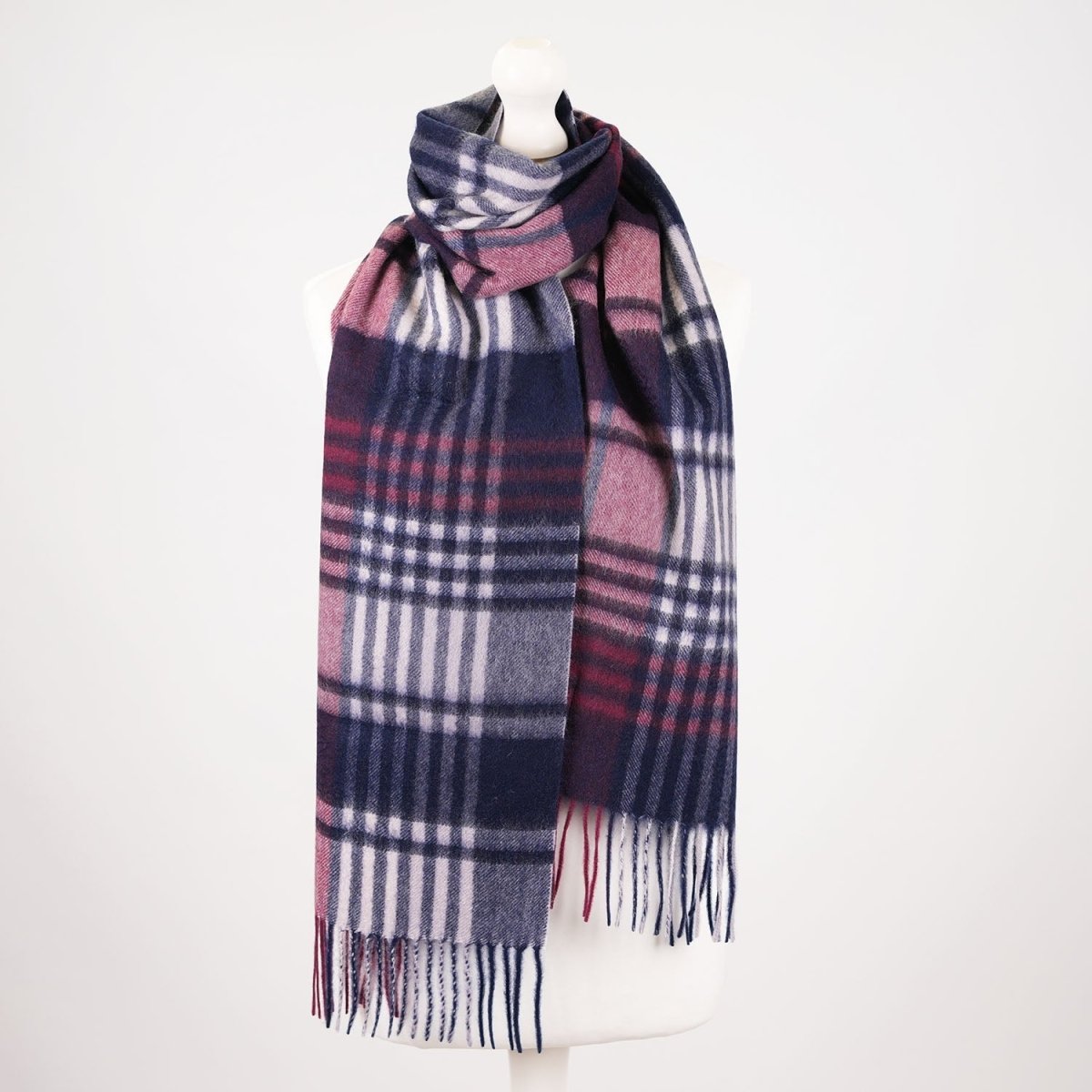 Premium 100% Pure Cashmere Wide Fringed Scarf - SQUARE GINGHAM NAVY BORDEAUX - Heritage Of Scotland -