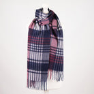 Premium 100% Pure Cashmere Wide Fringed Scarf - SQUARE GINGHAM NAVY BORDEAUX - Heritage Of Scotland -