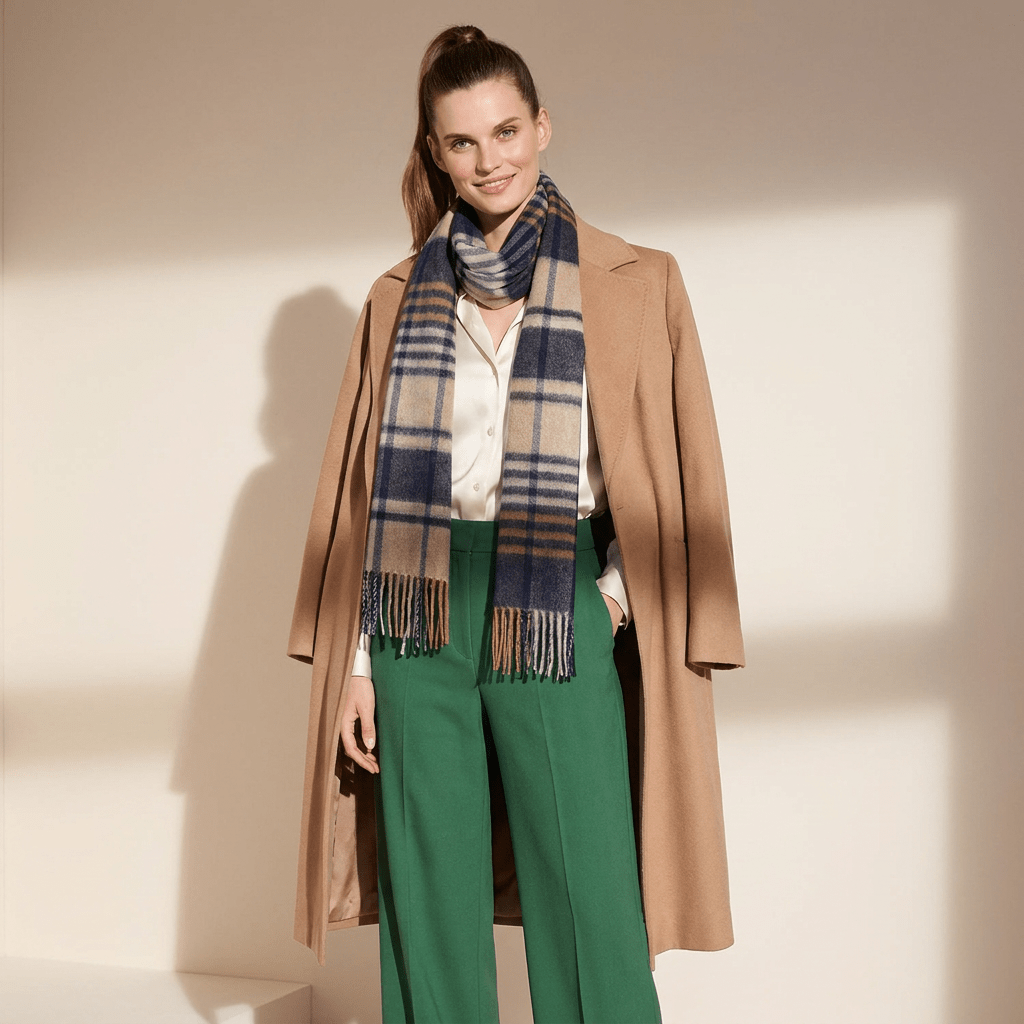 Premium 100% Pure Cashmere Wide Fringed Scarf - SQUARE GINGHAM NAVY CAMEL - Heritage Of Scotland -