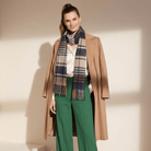 Premium 100% Pure Cashmere Wide Fringed Scarf - SQUARE GINGHAM NAVY CAMEL - Heritage Of Scotland -