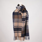 Premium 100% Pure Cashmere Wide Fringed Scarf - SQUARE GINGHAM NAVY CAMEL - Heritage Of Scotland -