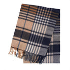 Premium 100% Pure Cashmere Wide Fringed Scarf - SQUARE GINGHAM NAVY CAMEL - Heritage Of Scotland -