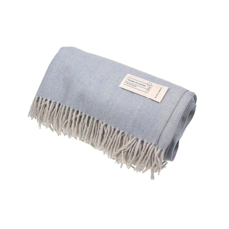 Recycled Wool Herringbone Blanket with Fringe – Soft Warm Throw - Heritage Of Scotland - Cornflower