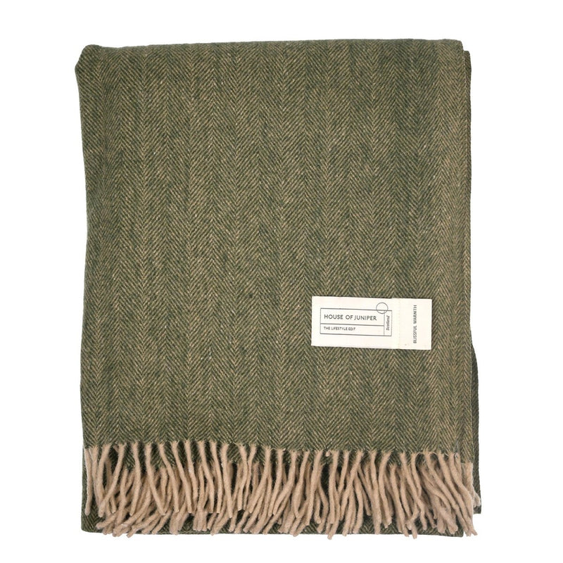 Recycled Wool Herringbone Blanket with Fringe – Soft Warm Throw - Heritage Of Scotland - Cornflower