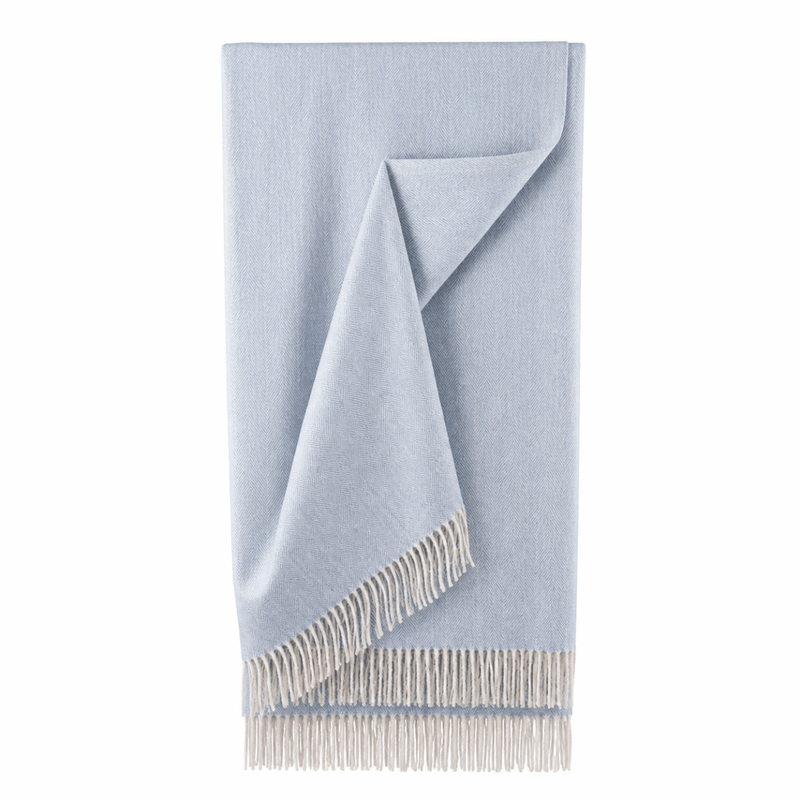 Recycled Wool Herringbone Blanket with Fringe – Soft Warm Throw - Heritage Of Scotland - Cornflower