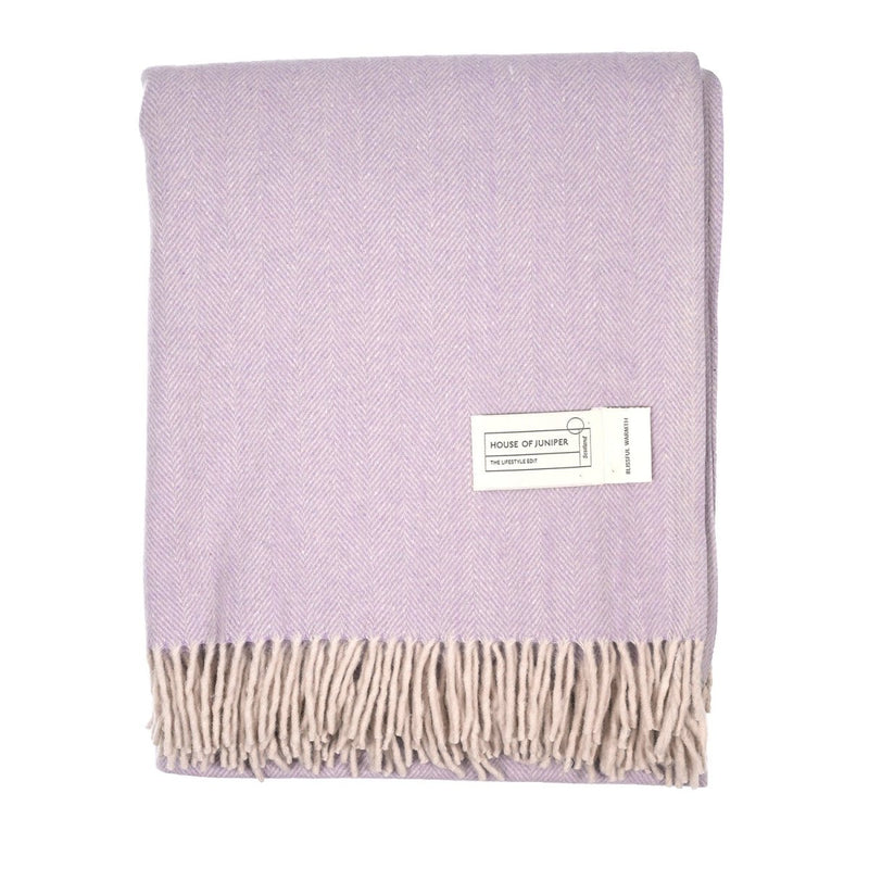 Recycled Wool Herringbone Blanket with Fringe – Soft Warm Throw - Heritage Of Scotland - Denim