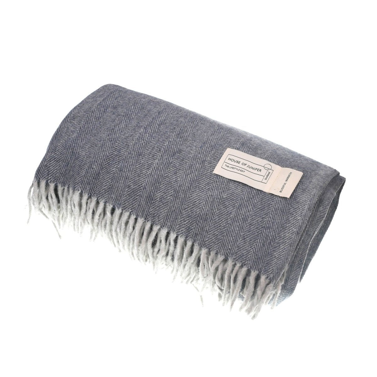 Recycled Wool Herringbone Blanket with Fringe - Soft Warm Throw - DENIM - Heritage Of Scotland -