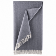 Recycled Wool Herringbone Blanket with Fringe – Soft Warm Throw - Heritage Of Scotland - Denim