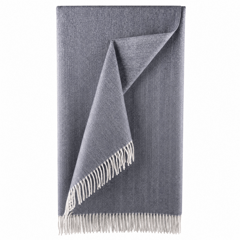 Recycled Wool Herringbone Blanket with Fringe – Soft Warm Throw - Heritage Of Scotland - Denim
