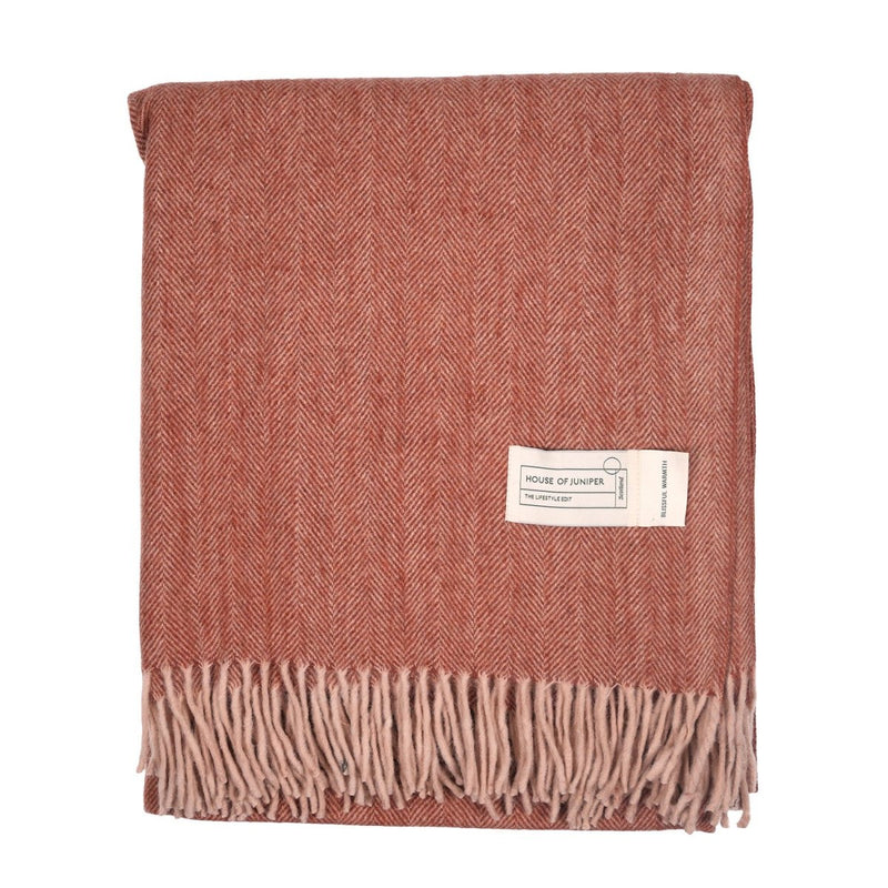 Recycled Wool Herringbone Blanket with Fringe – Soft Warm Throw - Heritage Of Scotland - Heather
