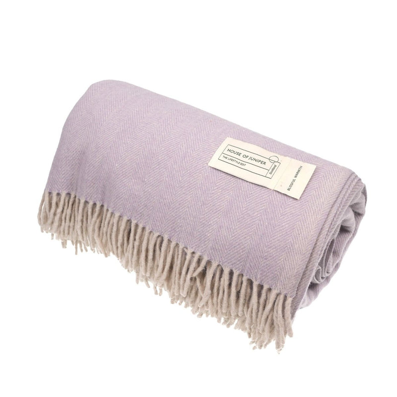Recycled Wool Herringbone Blanket with Fringe – Soft Warm Throw - Heritage Of Scotland - Heather