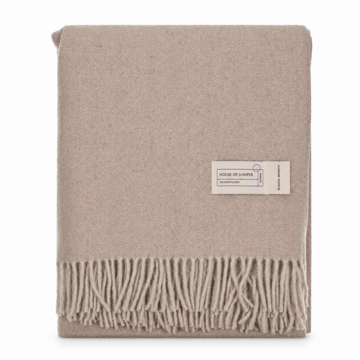 Recycled Wool Herringbone Blanket with Fringe - Soft Warm Throw - OATMEAL - Heritage Of Scotland -
