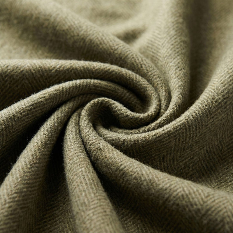 Recycled Wool Herringbone Blanket with Fringe – Soft Warm Throw - Heritage Of Scotland - Olive