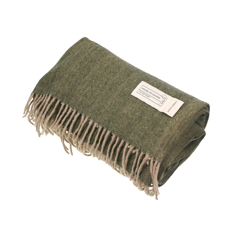 Recycled Wool Herringbone Blanket with Fringe – Soft Warm Throw - Heritage Of Scotland - Olive