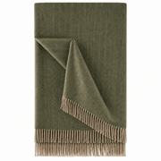 Recycled Wool Herringbone Blanket with Fringe – Soft Warm Throw - Heritage Of Scotland - Olive
