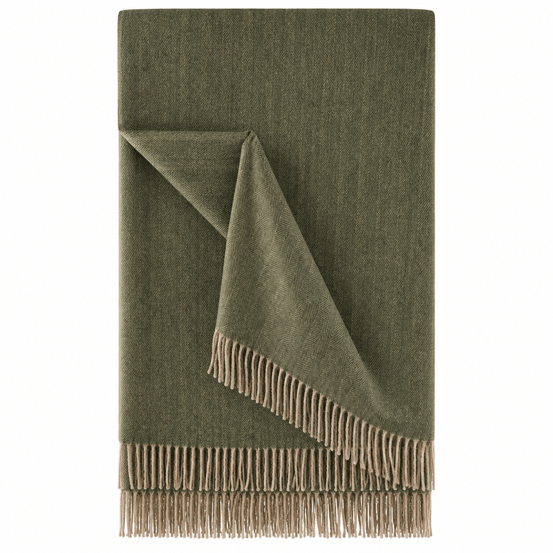 Recycled Wool Herringbone Blanket with Fringe – Soft Warm Throw - Heritage Of Scotland - Olive