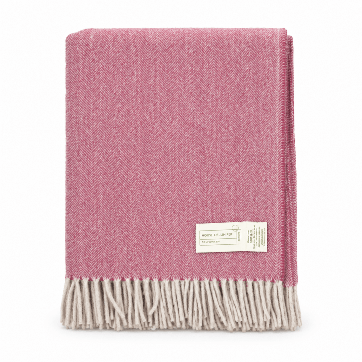 Recycled Wool Herringbone Blanket with Fringe - Soft Warm Throw - PINK - Heritage Of Scotland -