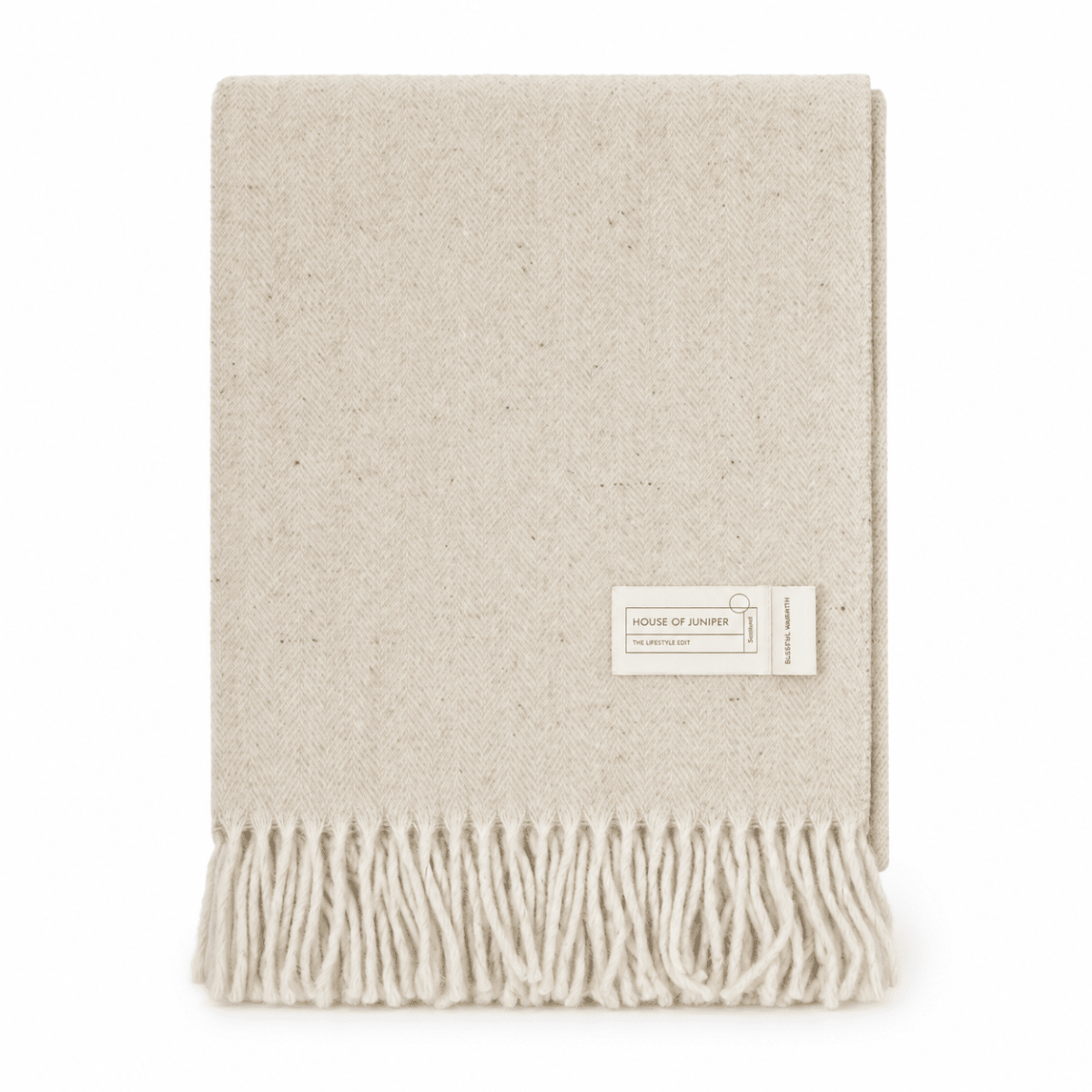 Recycled Wool Herringbone Blanket with Fringe - Soft Warm Throw - SAND BEIGE/NATURAL - Heritage Of Scotland -