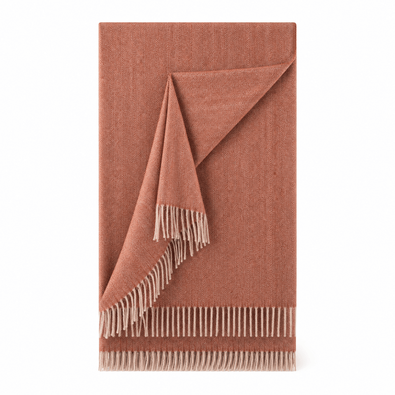 Recycled Wool Herringbone Blanket with Fringe – Soft Warm Throw - Heritage Of Scotland - Spice