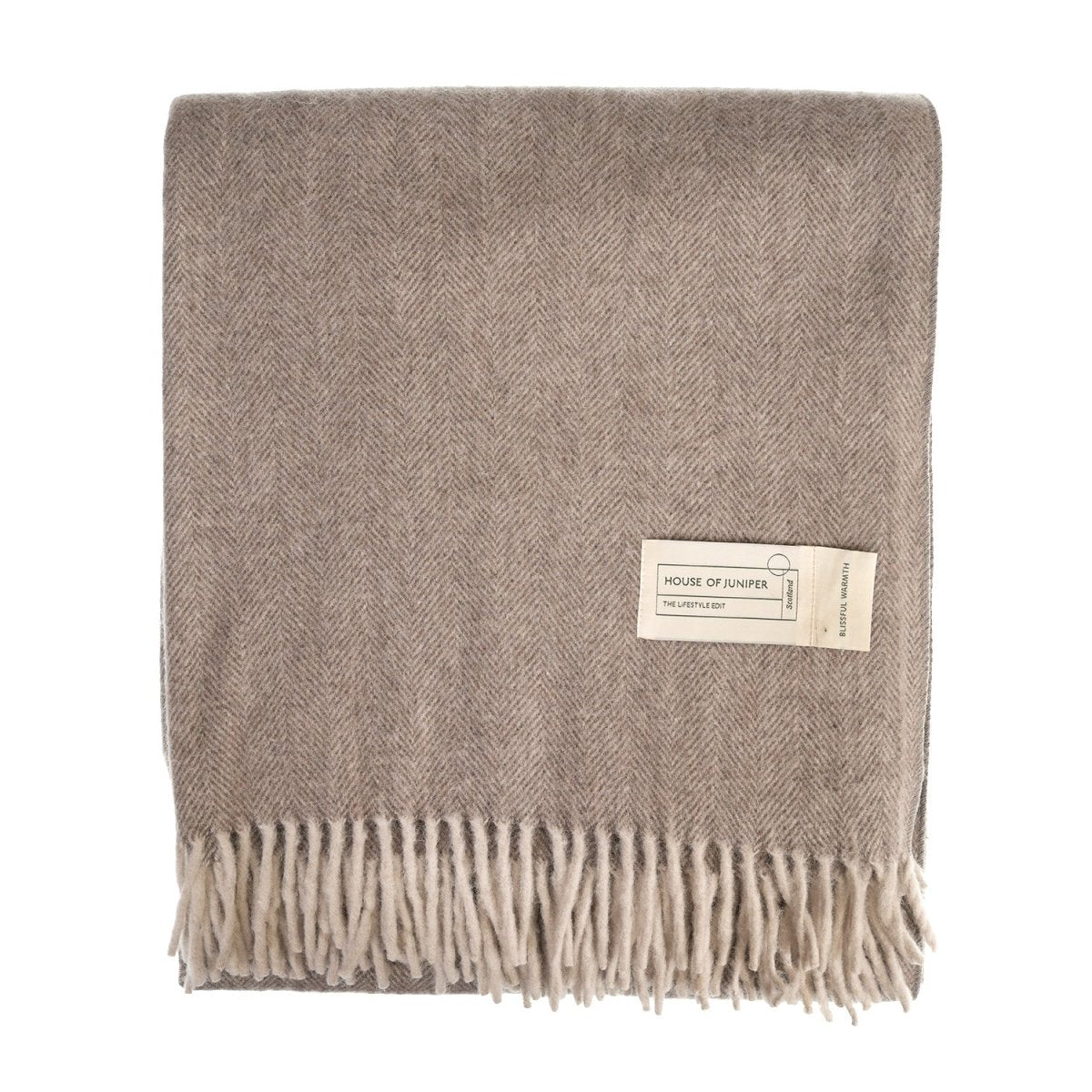 Recycled Wool Herringbone Blanket with Fringe - Soft Warm Throw - TAUPE - Heritage Of Scotland -