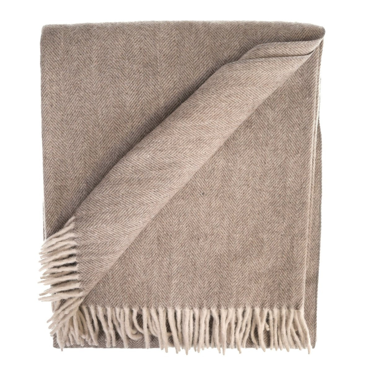 Recycled Wool Herringbone Blanket with Fringe - Soft Warm Throw - TAUPE - Heritage Of Scotland -