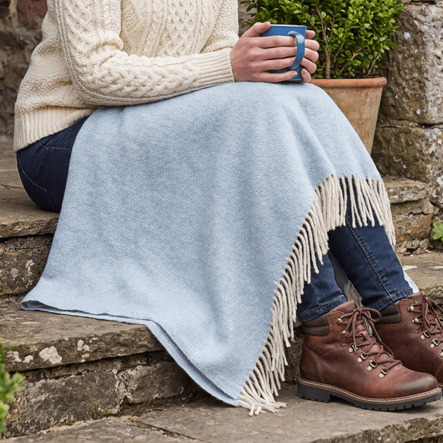 Recycled Wool Herringbone Knee Blanket – Pastel Fringed Throw - CORNFLOWER - Heritage Of Scotland -
