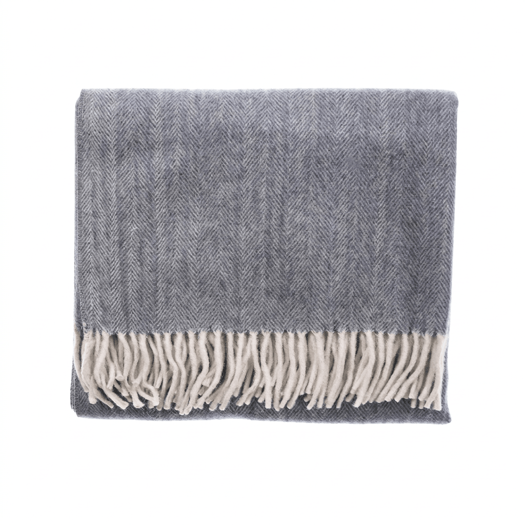 Recycled Wool Herringbone Knee Blanket – Pastel Fringed Throw - DENIM - Heritage Of Scotland -