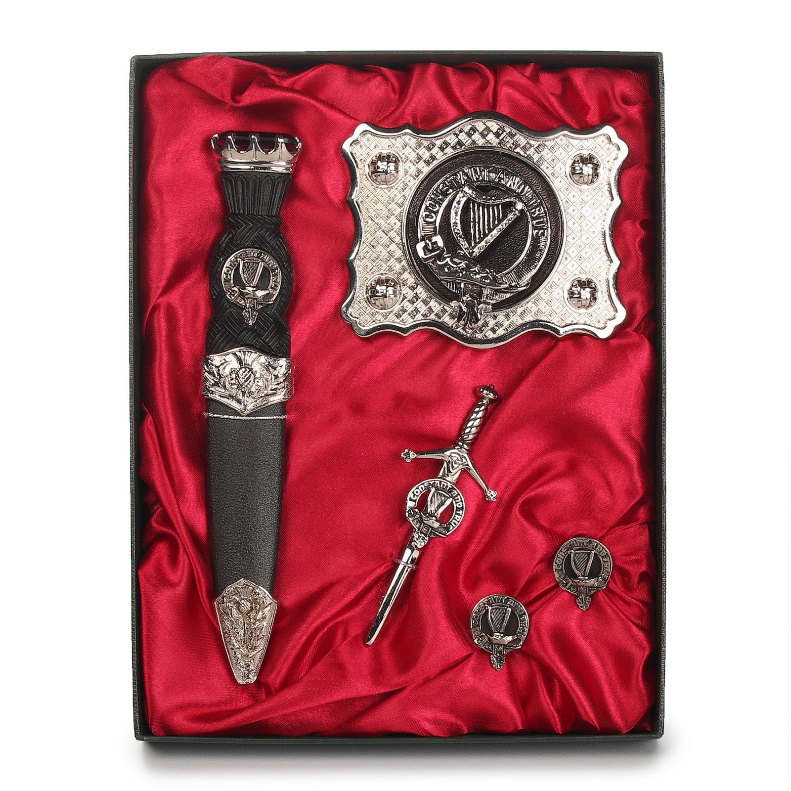 Rose Clan Badge, Kilt Pin, Lapel Pin, Cufflinks, Keyring/Key Fob & Gift Set — Fine Pewter by Art Pewter — Made in Scotland (Shiny Finish) - Heritage Of Scotland - Gift Set