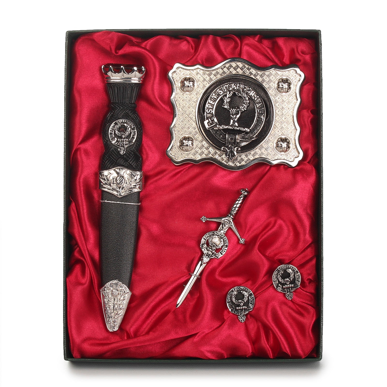 Ross Clan Badge, Kilt Pin, Lapel Pin, Cufflinks, Keyring/Key Fob & Gift Set — Fine Pewter by Art Pewter — Made in Scotland (Shiny Finish) - Heritage Of Scotland - Gift Set