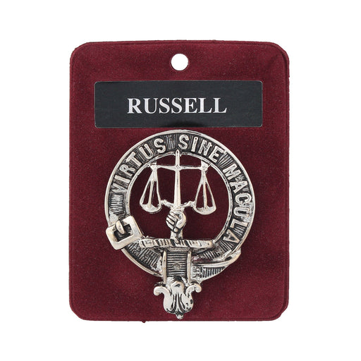 Russell Clan Badge, Kilt Pin, Lapel Pin, Cufflinks, Keyring/Key Fob & Gift Set — Fine Pewter by Art Pewter — Made in Scotland (Shiny Finish) - Heritage Of Scotland - Badge