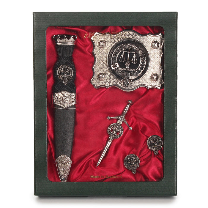Russell Clan Badge, Kilt Pin, Lapel Pin, Cufflinks, Keyring/Key Fob & Gift Set — Fine Pewter by Art Pewter — Made in Scotland (Shiny Finish) - Heritage Of Scotland - Gift Set