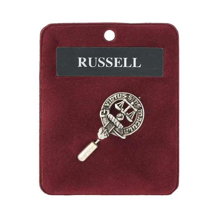 Russell Clan Badge, Kilt Pin, Lapel Pin, Cufflinks, Keyring/Key Fob & Gift Set — Fine Pewter by Art Pewter — Made in Scotland (Shiny Finish) - Heritage Of Scotland - Lapel Pin