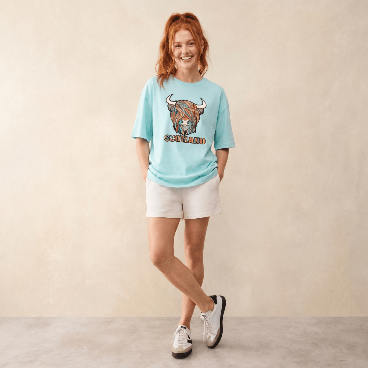 Scotland Unisex Rainbow Highland Cow Graphic T-Shirt – Aqua - Heritage Of Scotland - XS