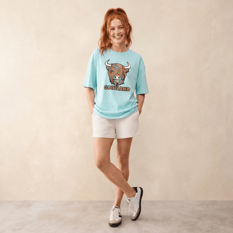 Scotland Unisex Rainbow Highland Cow Graphic T-Shirt – Aqua - Heritage Of Scotland - XS