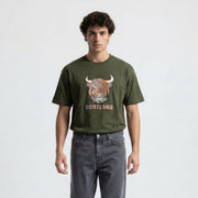 Scotland Unisex Rainbow Highland Cow Graphic T-Shirt – Asparagus Green - Heritage Of Scotland - XS