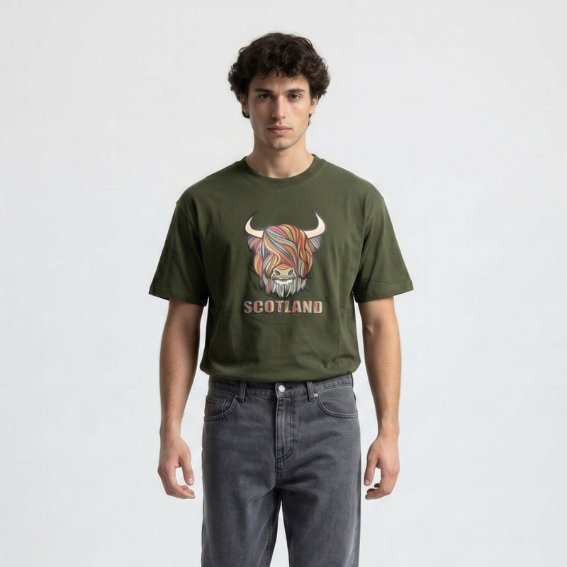 Scotland Unisex Rainbow Highland Cow Graphic T-Shirt – Asparagus Green - Heritage Of Scotland - XS