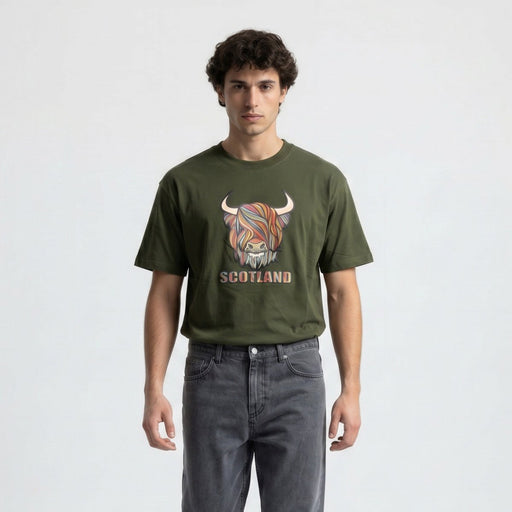 Scotland Unisex Rainbow Highland Cow Graphic T-Shirt – Asparagus Green - Heritage Of Scotland - XS