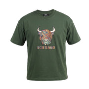 Scotland Unisex Rainbow Highland Cow Graphic T-Shirt – Asparagus Green - Heritage Of Scotland - XS