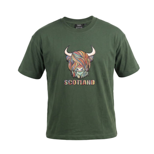 Scotland Unisex Rainbow Highland Cow Graphic T-Shirt – Asparagus Green - Heritage Of Scotland - XS