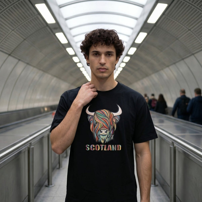 Scotland Unisex Rainbow Highland Cow Graphic T-Shirt – Black - Heritage Of Scotland - XS