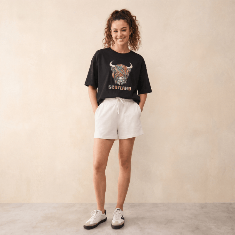 Scotland Unisex Rainbow Highland Cow Graphic T-Shirt – Black - Heritage Of Scotland - XS