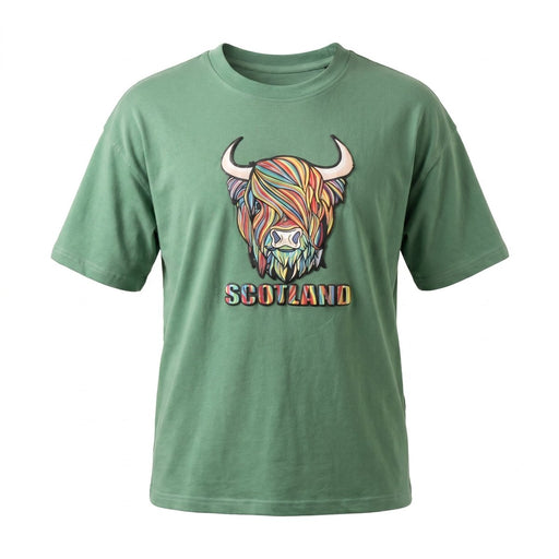 Scotland Unisex Rainbow Highland Cow Graphic T-Shirt – Green - Heritage Of Scotland - XS