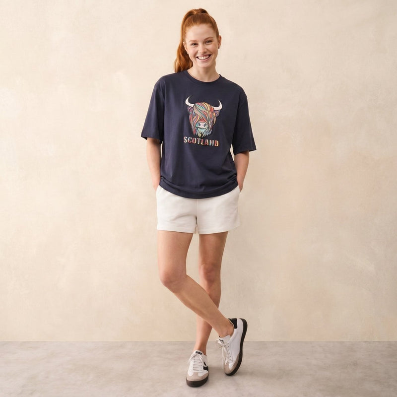 Scotland Unisex Rainbow Highland Cow Graphic T-Shirt – Navy - Heritage Of Scotland - XS