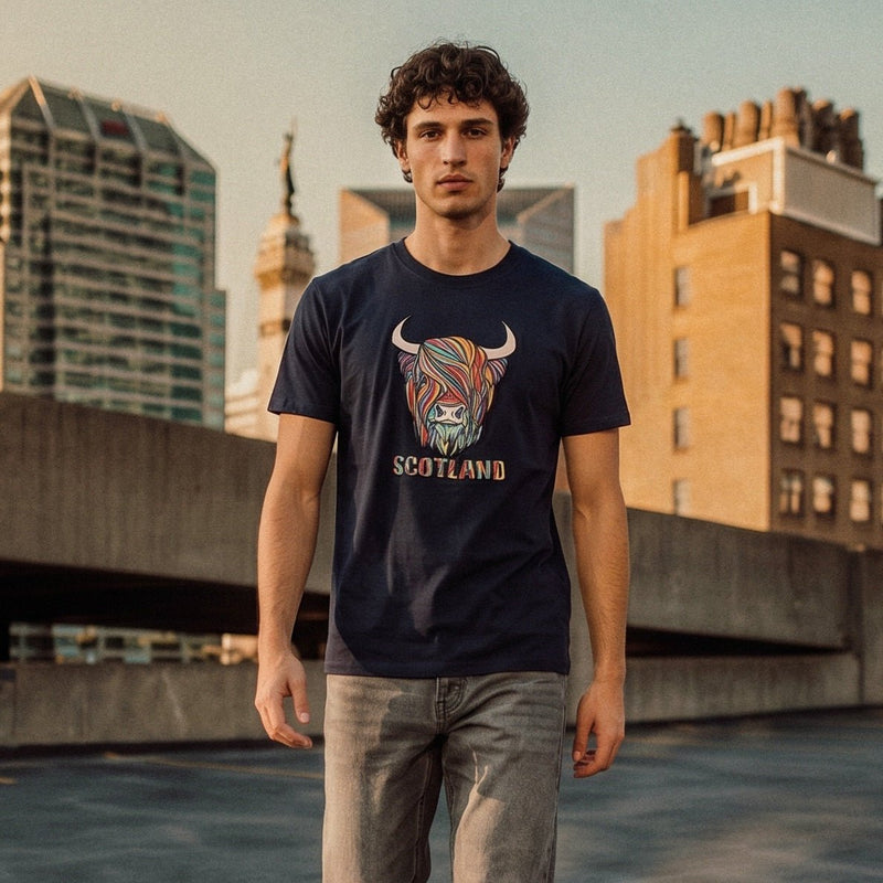 Scotland Unisex Rainbow Highland Cow Graphic T-Shirt – Navy - Heritage Of Scotland - XS