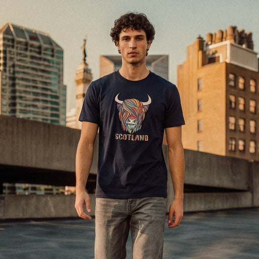 Scotland Unisex Rainbow Highland Cow Graphic T-Shirt – Navy - Heritage Of Scotland - XS