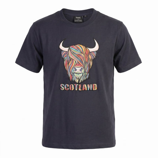 Scotland Unisex Rainbow Highland Cow Graphic T-Shirt – Navy - Heritage Of Scotland - XS