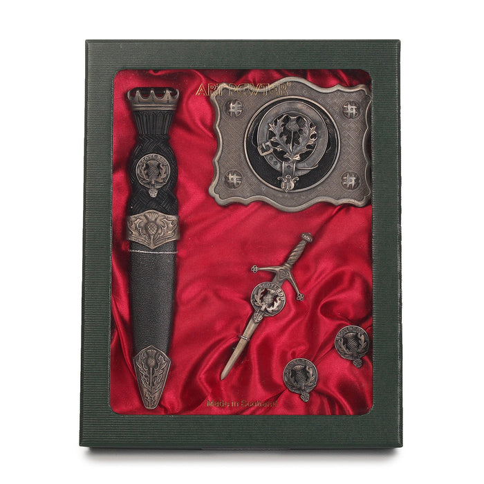 Scots Thistle Clan Badge, Kilt Pin, Lapel Pin, Cufflinks, Keyring/Key Fob & Gift Set — Fine Pewter by Art Pewter — Made in Scotland (Shiny Finish) - Heritage Of Scotland - Gift Set