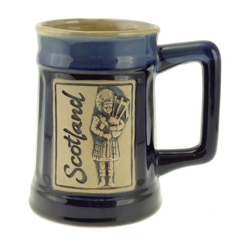 Scottish Stoneware Beer Mug with Piper and Scotland Motif - Heritage Of Scotland - Blue