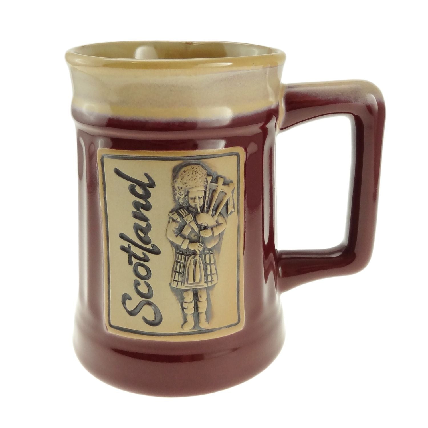 Scottish Stoneware Beer Mug with Piper and Scotland Motif - Heritage Of Scotland - Red