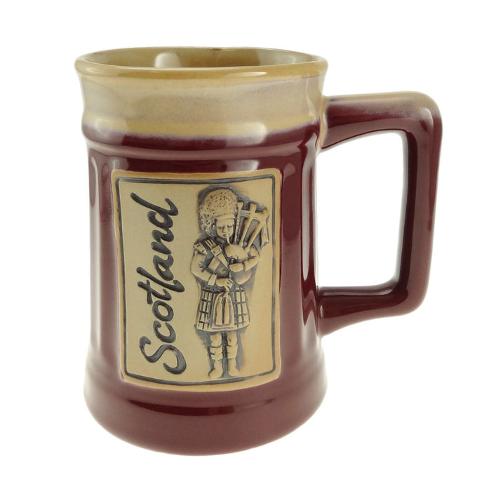 Scottish Stoneware Beer Mug with Piper and Scotland Motif - Heritage Of Scotland - Red